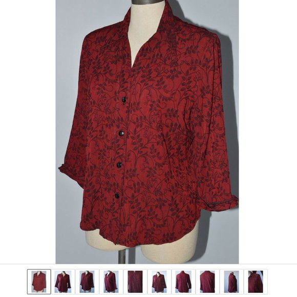 Dressbarn Brocade Leaves Pattern Women sz L 3/4 Sleeves Buttons Up Red - Picture 1 of 8